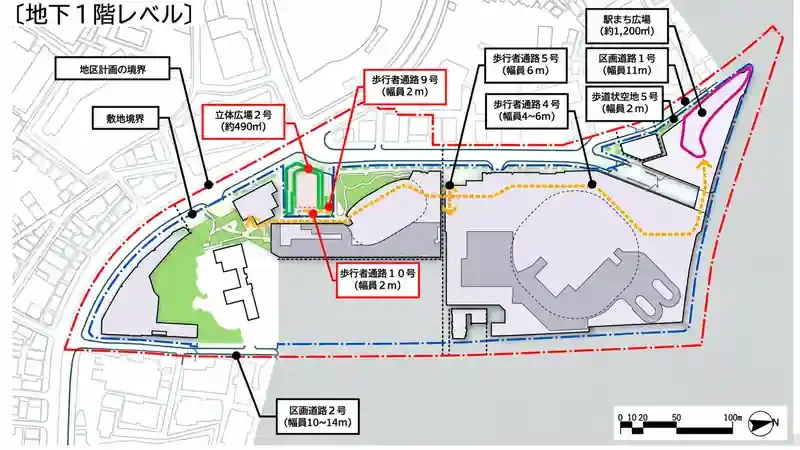 六本木五丁目西地区の地下1階レベルの配置。駅まち広場、歩行者通路、立体広場、区画道路などを示しています。
