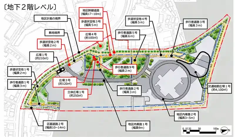六本木五丁目西地区の地下2階レベルの配置。交通結節広場、地区内車路、地区幹線道路、広場、歩行者通路などを示しています。