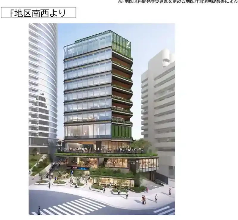 F地区のイメージパース（南西より）。最新資料では、事務所・ホール・商業等を備える地上10階・地下3階の計画です。